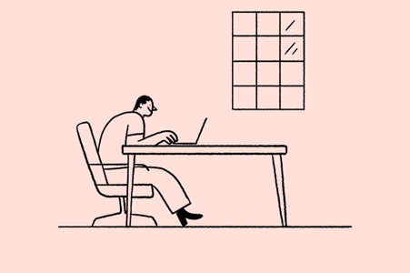 Animation of a person working from a sofa, then a desk, then having food